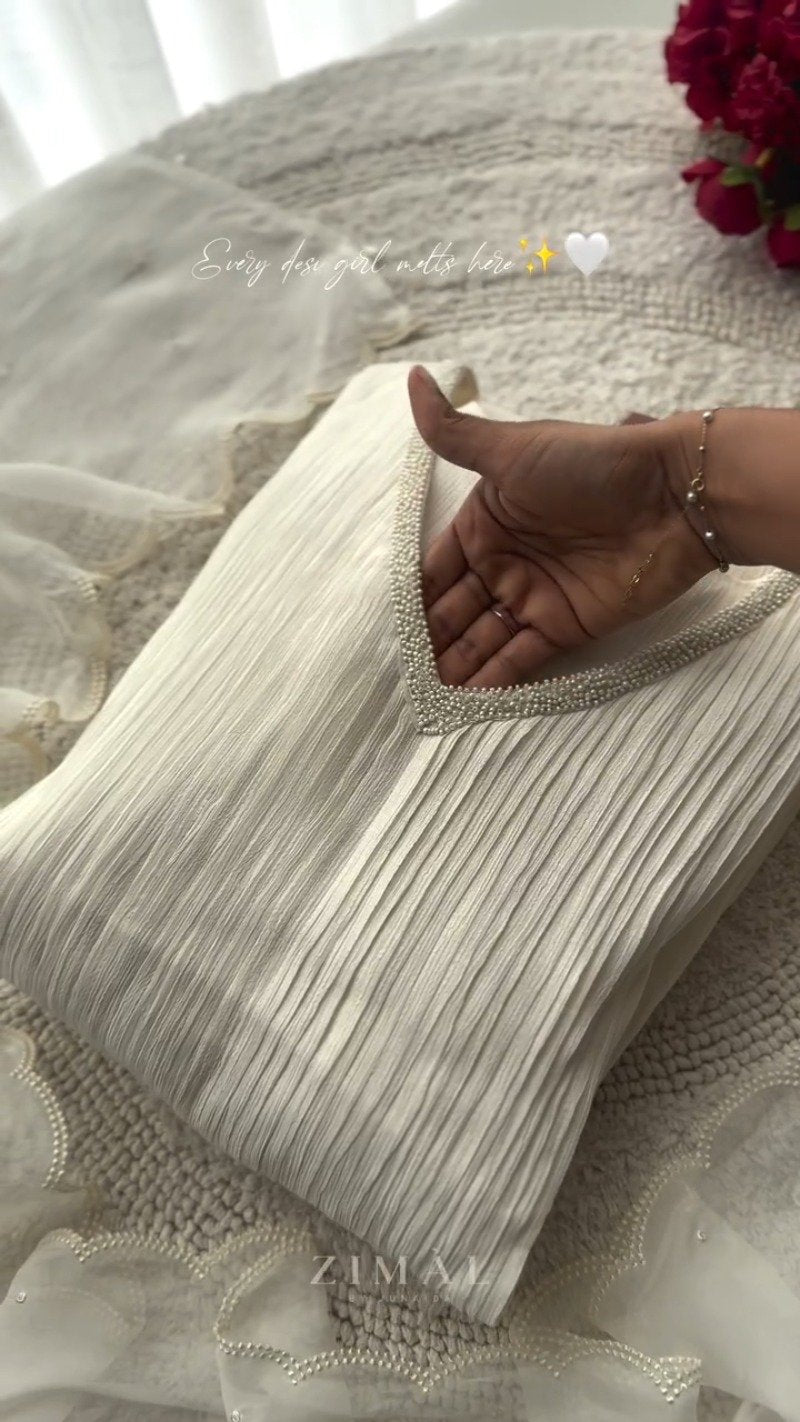 Ethereal Pearl-Embellished Ivory Pleated Co-Ord Set