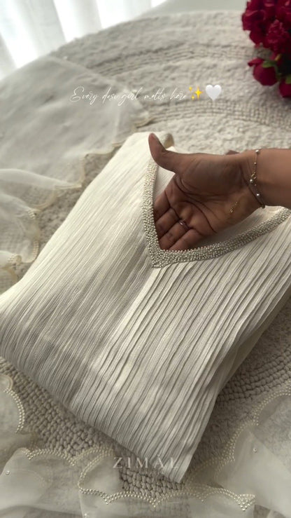 Ethereal Pearl-Embellished Ivory Pleated Co-Ord Set