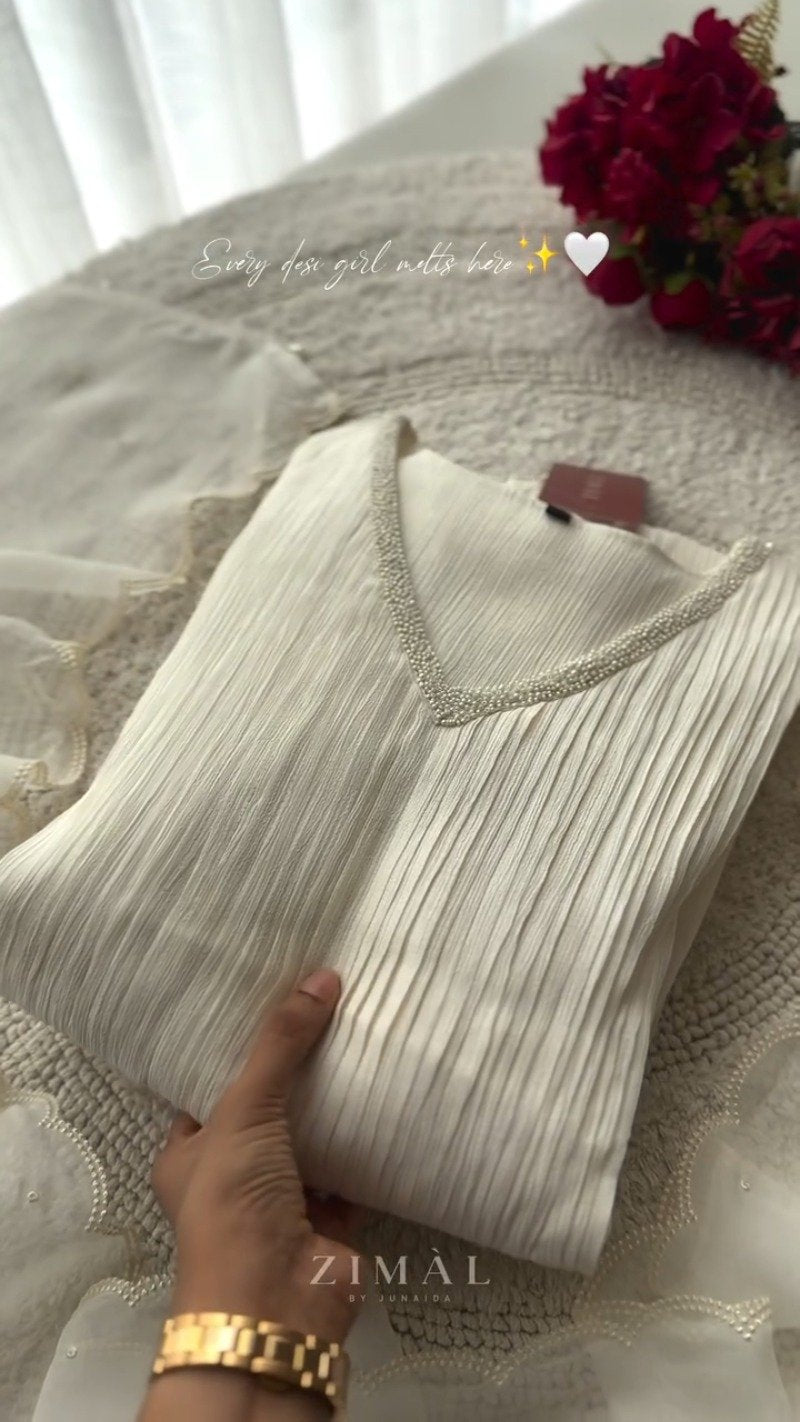 Ethereal Pearl-Embellished Ivory Pleated Co-Ord Set