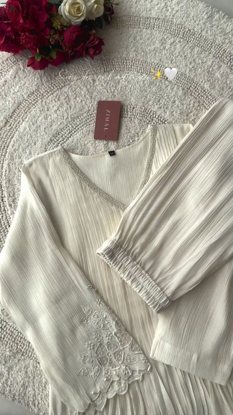 Ethereal Pearl-Embellished Ivory Pleated Co-Ord Set