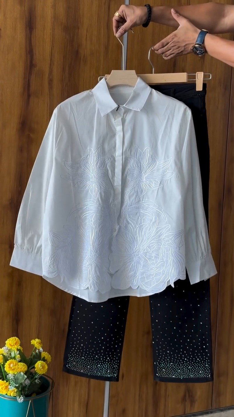 Floral Embroidered Cotton Shirt and Crystal Embellished Trouser Set – Available in White, Beige, Peach & Pink
