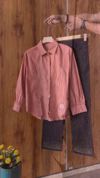 Floral Embroidered Cotton Shirt and Crystal Embellished Trouser Set – Available in White, Beige, Peach & Pink