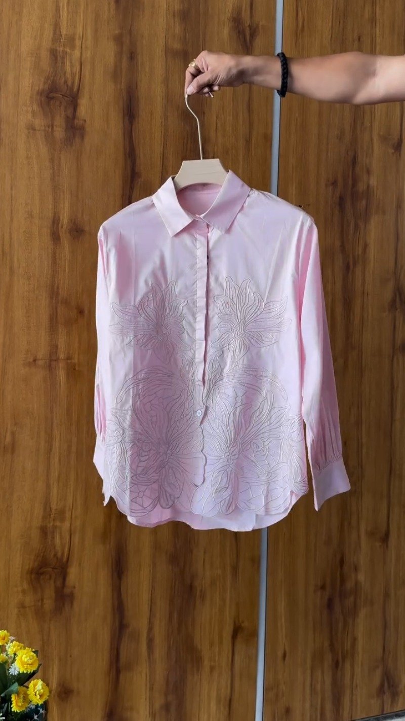 Floral Embroidered Cotton Shirt and Crystal Embellished Trouser Set – Available in White, Beige, Peach & Pink