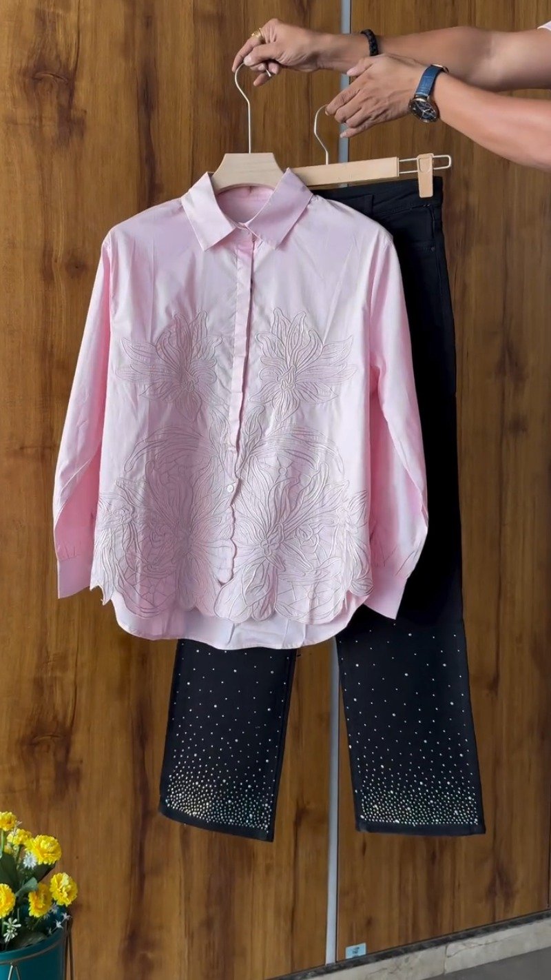 Floral Embroidered Cotton Shirt and Crystal Embellished Trouser Set – Available in White, Beige, Peach & Pink