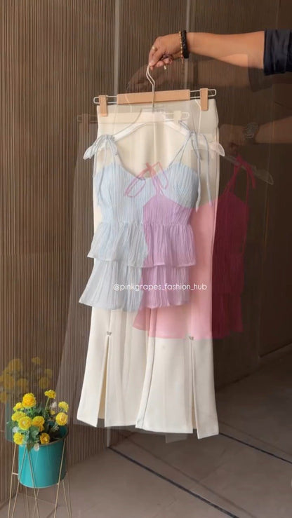 Chic Pleated Tiered Cami Top and Slit Trousers Co-ord Set – Available in Vibrant Pink, Pastel Blue, Sunny Yellow & Sage Green