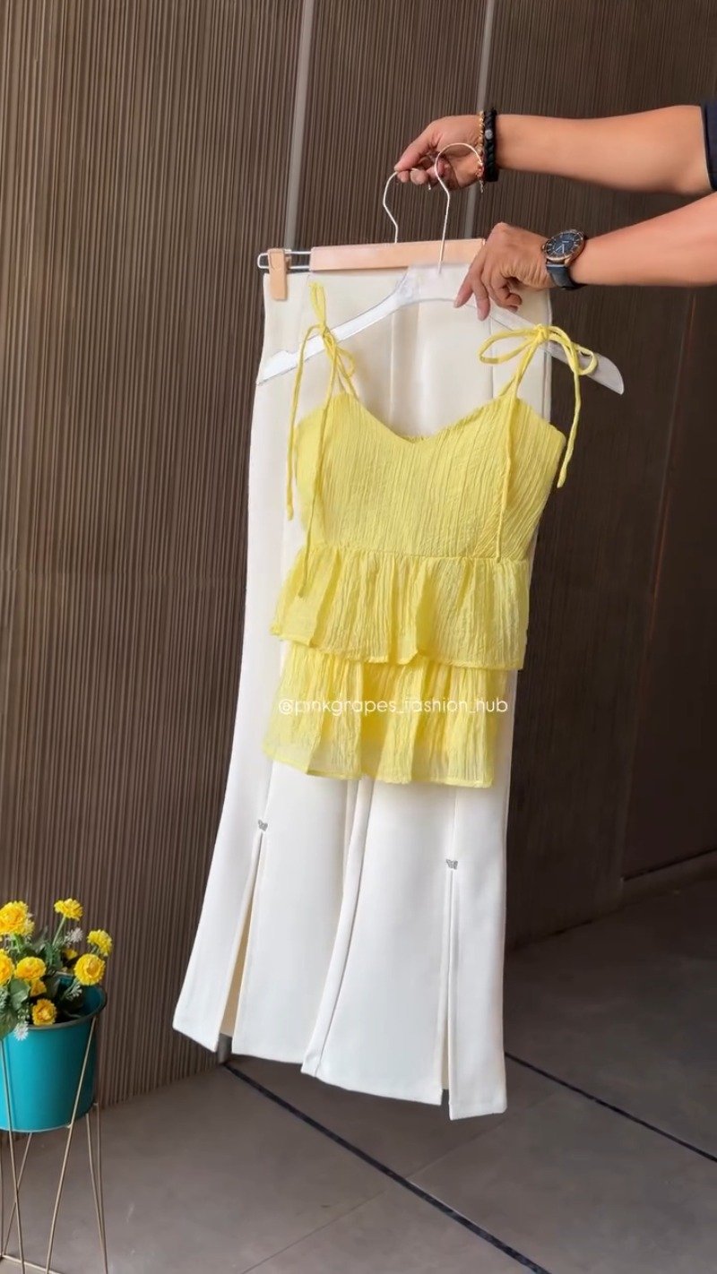 Chic Pleated Tiered Cami Top and Slit Trousers Co-ord Set – Available in Vibrant Pink, Pastel Blue, Sunny Yellow & Sage Green