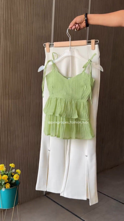 Chic Pleated Tiered Cami Top and Slit Trousers Co-ord Set – Available in Vibrant Pink, Pastel Blue, Sunny Yellow & Sage Green