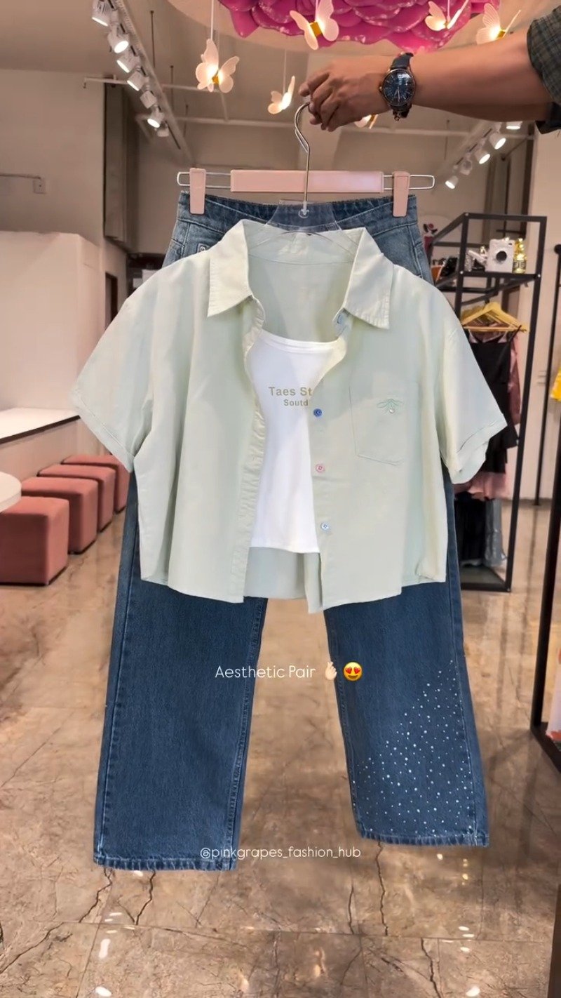 Chic Butterfly & Rhinestone Embellished Denim Co-ord Set – Available in White, Mint, Sky Blue & Lilac