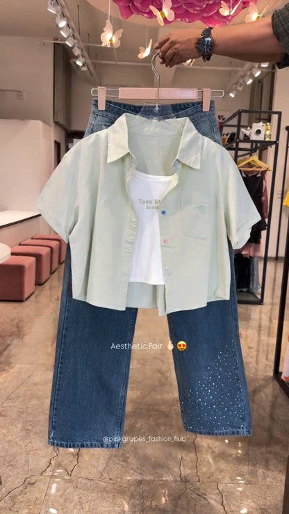 Chic Butterfly & Rhinestone Embellished Denim Co-ord Set – Available in White, Mint, Sky Blue & Lilac
