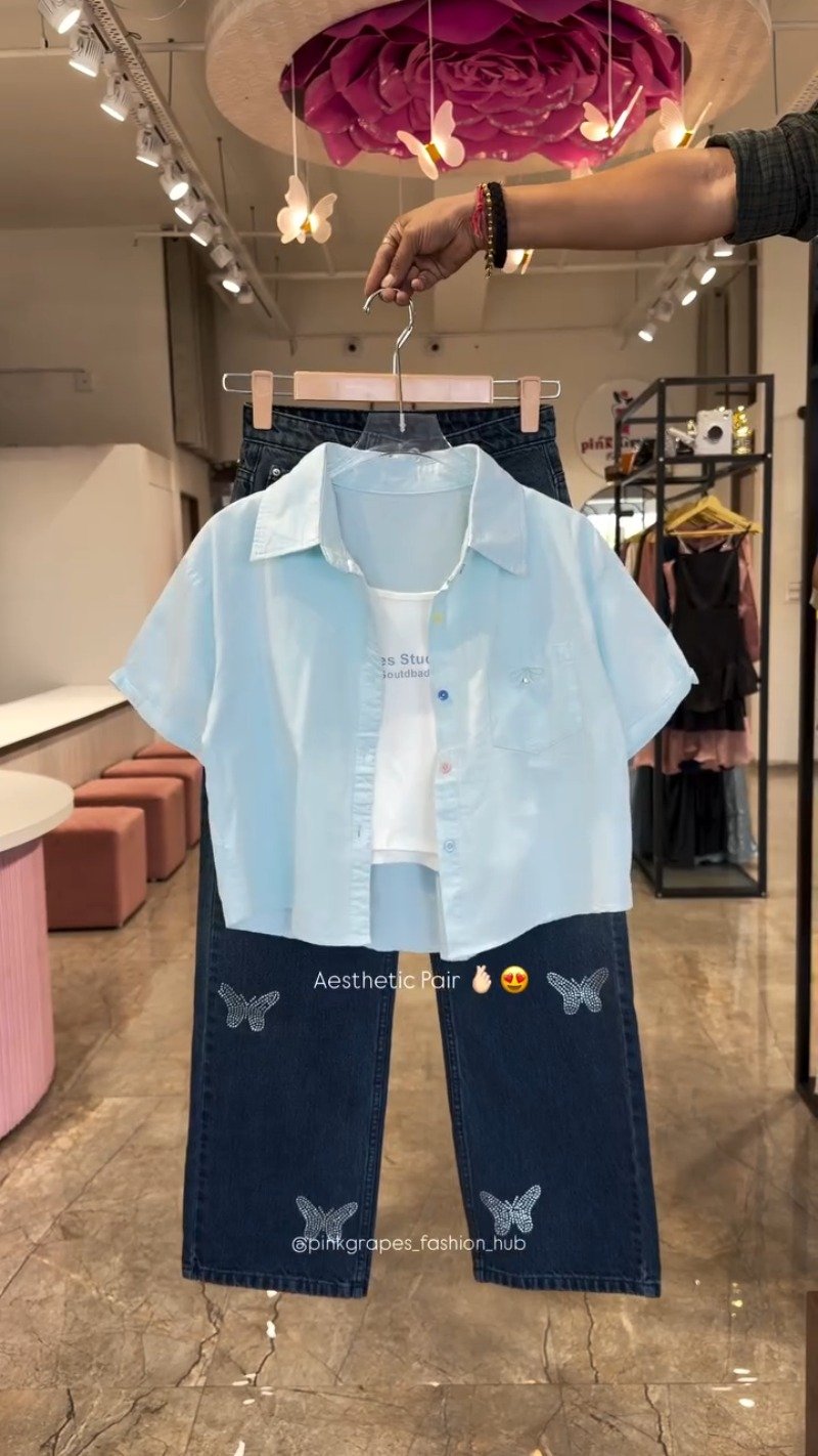 Chic Butterfly & Rhinestone Embellished Denim Co-ord Set – Available in White, Mint, Sky Blue & Lilac