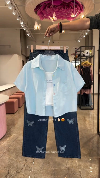 Chic Butterfly & Rhinestone Embellished Denim Co-ord Set – Available in White, Mint, Sky Blue & Lilac