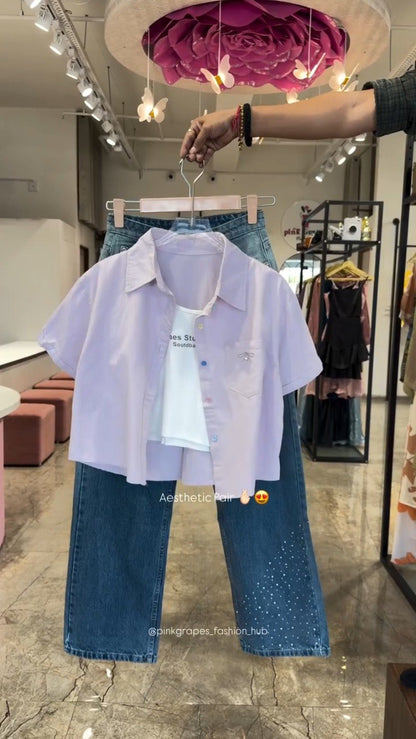 Chic Butterfly & Rhinestone Embellished Denim Co-ord Set – Available in White, Mint, Sky Blue & Lilac