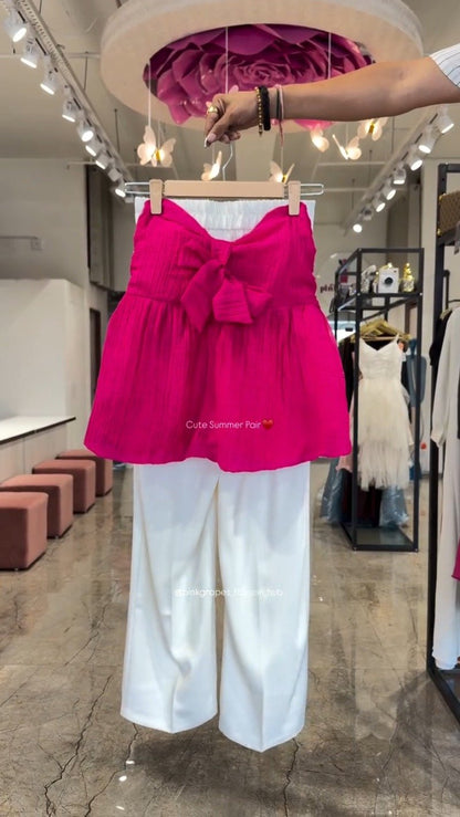 Chic Bow-Front Peplum Top & Palazzo Set – Available in Red, Yellow, Magenta & Olive Green