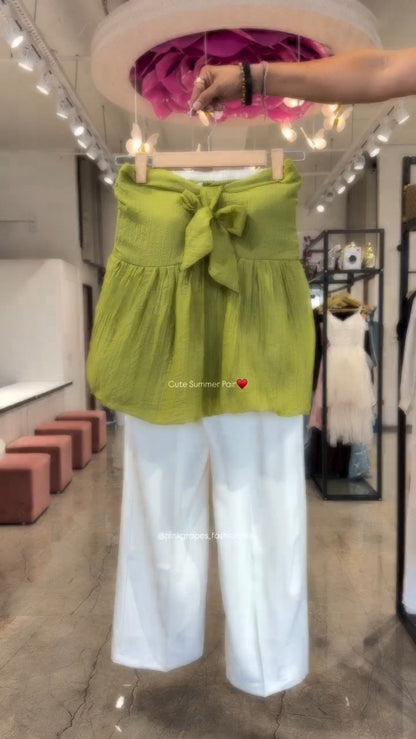 Chic Bow-Front Peplum Top & Palazzo Set – Available in Red, Yellow, Magenta & Olive Green