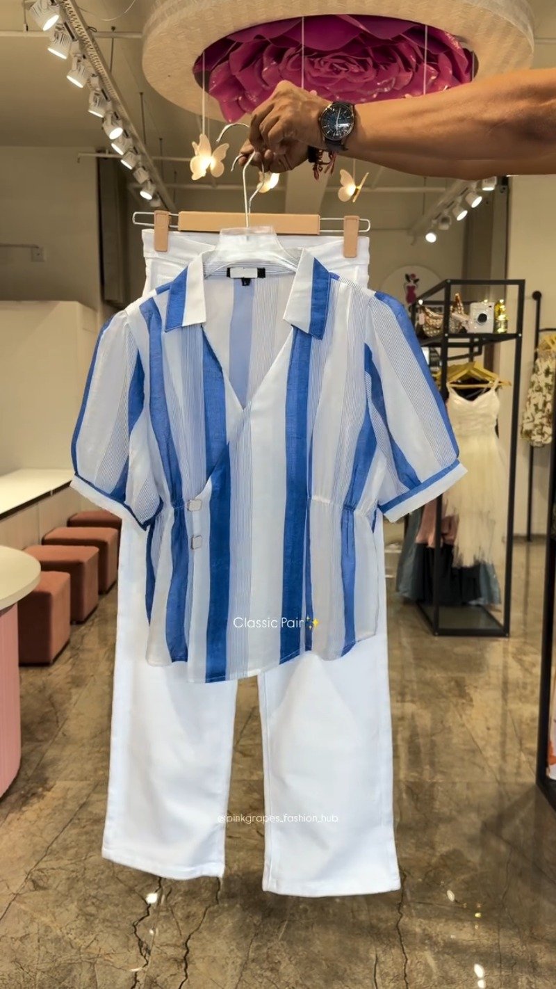 Classic Striped Wrap-Front Co-ord Set with Tapered Trousers – Available in Pink, Blue & Lime Green