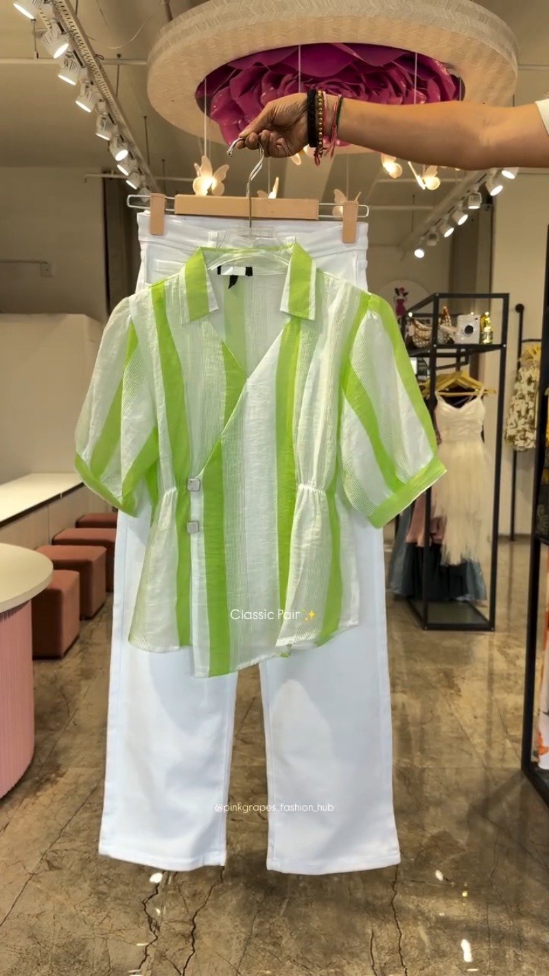 Classic Striped Wrap-Front Co-ord Set with Tapered Trousers – Available in Pink, Blue & Lime Green