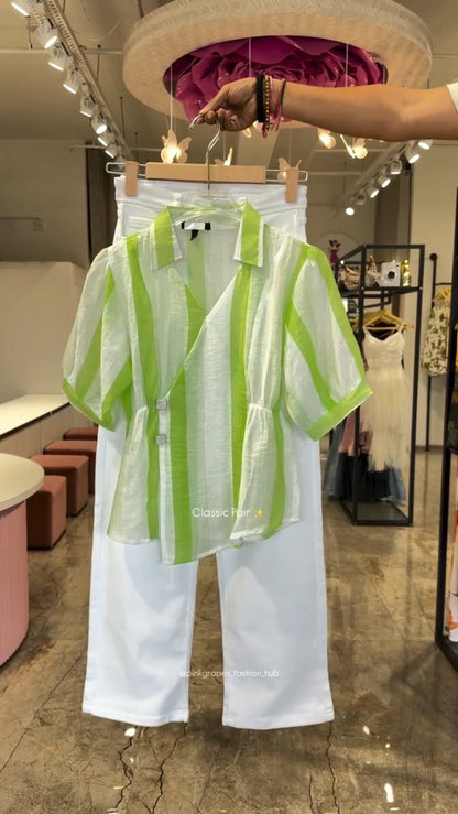 Classic Striped Wrap-Front Co-ord Set with Tapered Trousers – Available in Pink, Blue & Lime Green