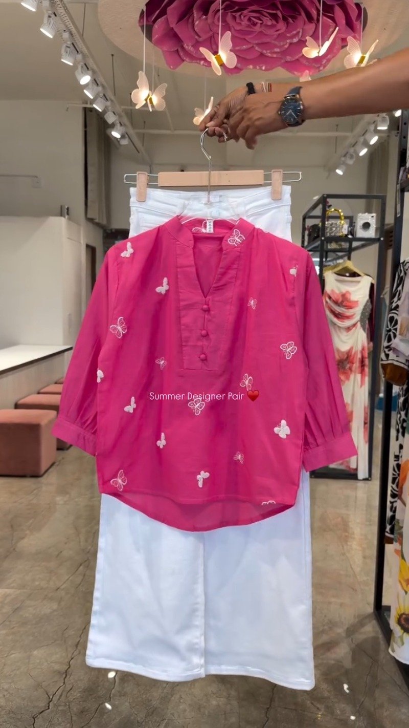 Butterfly Embroidered Cotton Kurta Set – Available in Lime, Hot Pink, Mocha Brown, Navy Blue & Orchid Purple
