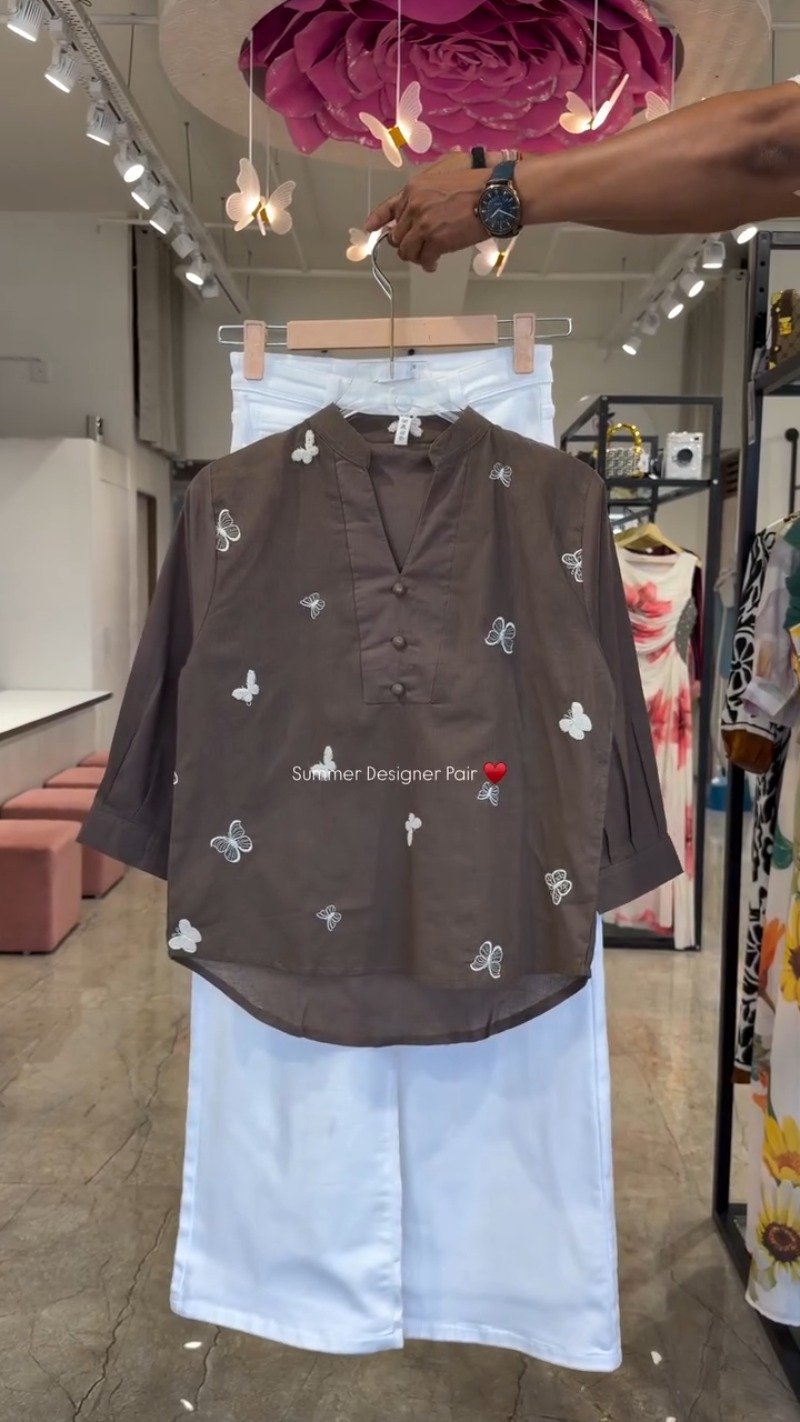 Butterfly Embroidered Cotton Kurta Set – Available in Lime, Hot Pink, Mocha Brown, Navy Blue & Orchid Purple