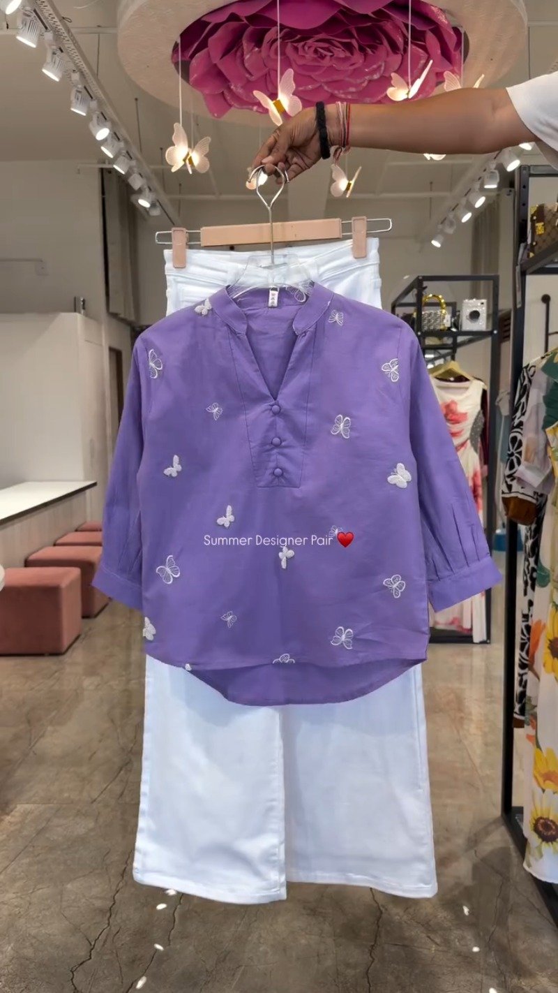 Butterfly Embroidered Cotton Kurta Set – Available in Lime, Hot Pink, Mocha Brown, Navy Blue & Orchid Purple