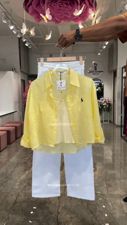 Chic Striped Co-ord Set with Tank Top and White Trousers – Available in Pink, Yellow, Blue & Tan