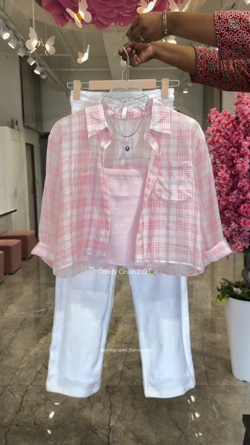 Pastel Plaid Layered Coord Set with White Trousers – Available in Pink, Blue, Yellow & Mint