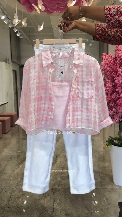 Pastel Plaid Layered Coord Set with White Trousers – Available in Pink, Blue, Yellow & Mint