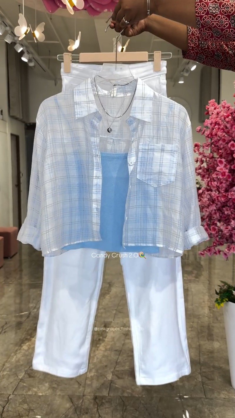 Pastel Plaid Layered Coord Set with White Trousers – Available in Pink, Blue, Yellow & Mint