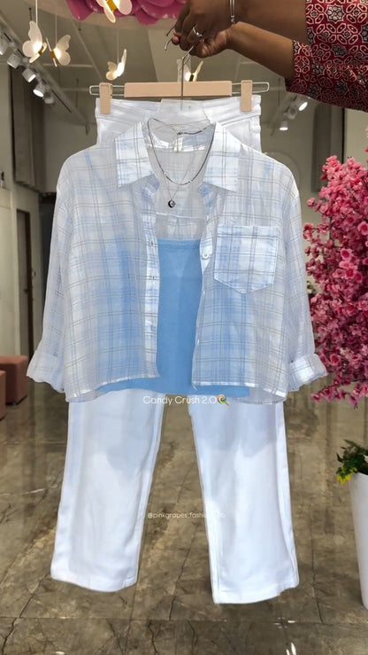 Pastel Plaid Layered Coord Set with White Trousers – Available in Pink, Blue, Yellow & Mint