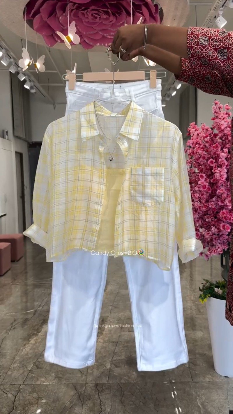 Pastel Plaid Layered Coord Set with White Trousers – Available in Pink, Blue, Yellow & Mint
