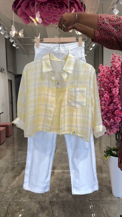 Pastel Plaid Layered Coord Set with White Trousers – Available in Pink, Blue, Yellow & Mint