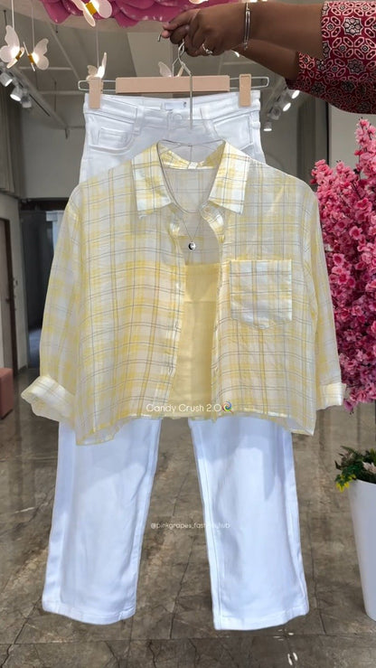 Pastel Plaid Layered Coord Set with White Trousers – Available in Pink, Blue, Yellow & Mint