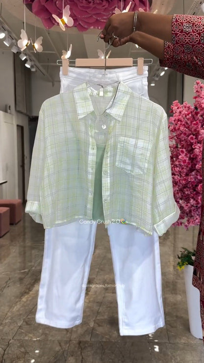 Pastel Plaid Layered Coord Set with White Trousers – Available in Pink, Blue, Yellow & Mint