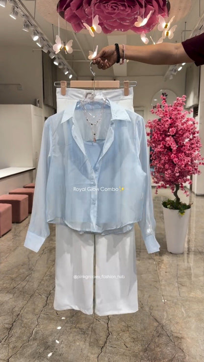 Royal Glow Organza Shirt & Pant Co-ord Set – Available in Pink, Beige, Blue & Sage Green