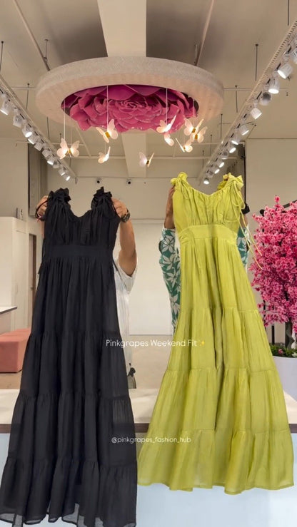 Ethereal Tiered Ruffle Maxi Dress – Available in Earthy Brown, Ivory Cream, Lavender Mist, Sky Blue, Obsidian Black & Lime Zest