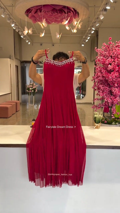 Ethereal Pleated Flare Embellished Gown – Available in Crimson, Dusty Rose, Ivory, Jet Black & Powder Blue