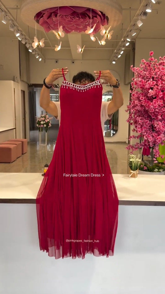 Ethereal Pleated Flare Embellished Gown – Available in Crimson, Dusty Rose, Ivory, Jet Black & Powder Blue