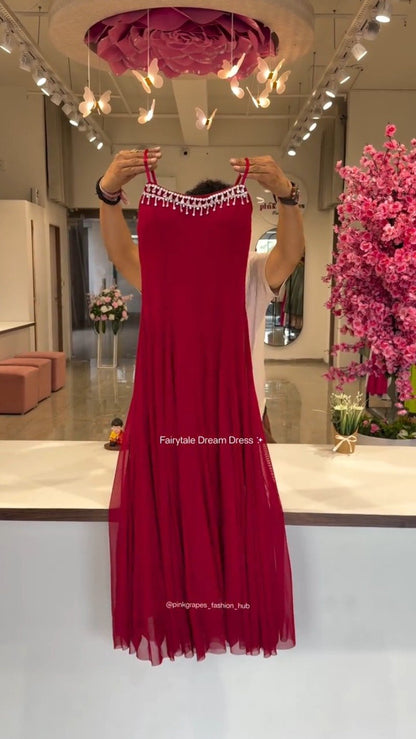 Ethereal Pleated Flare Embellished Gown – Available in Crimson, Dusty Rose, Ivory, Jet Black & Powder Blue