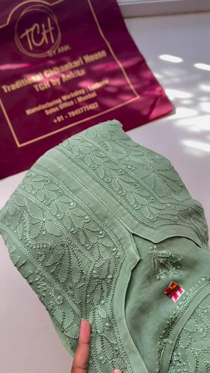 Sage Green Floral Chikankari Kurta & Palazzo Set – Exquisite Handcrafted Elegance