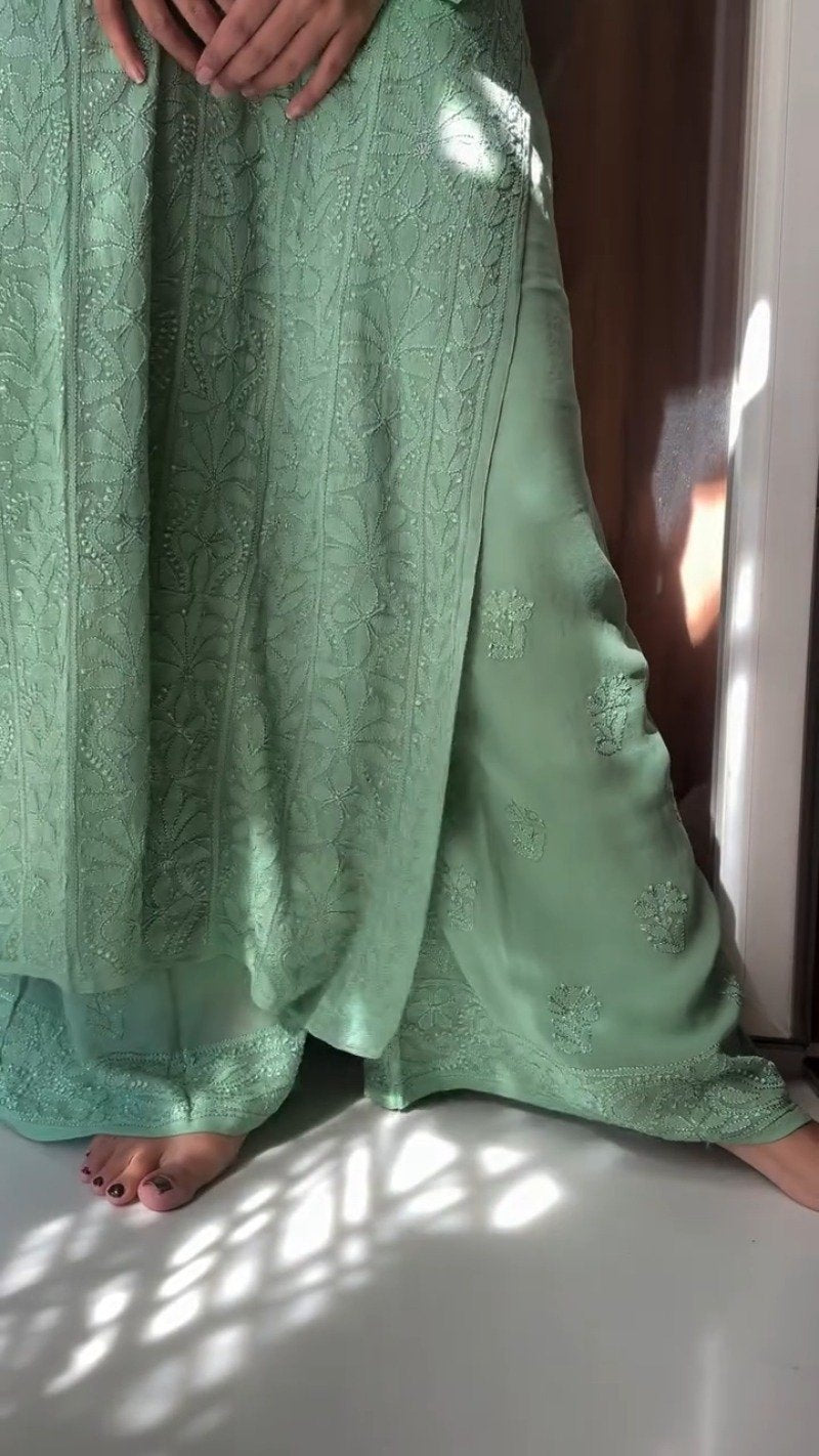 Sage Green Floral Chikankari Kurta & Palazzo Set – Exquisite Handcrafted Elegance
