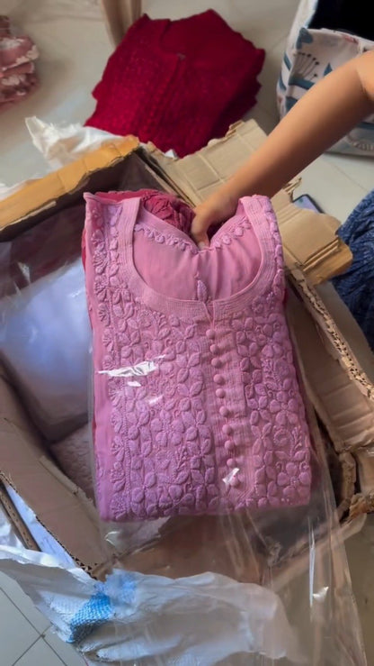 Exquisite Lucknowi Chikankari Embellished Kurta – Available in Vibrant Red & Soft Dusty Pink