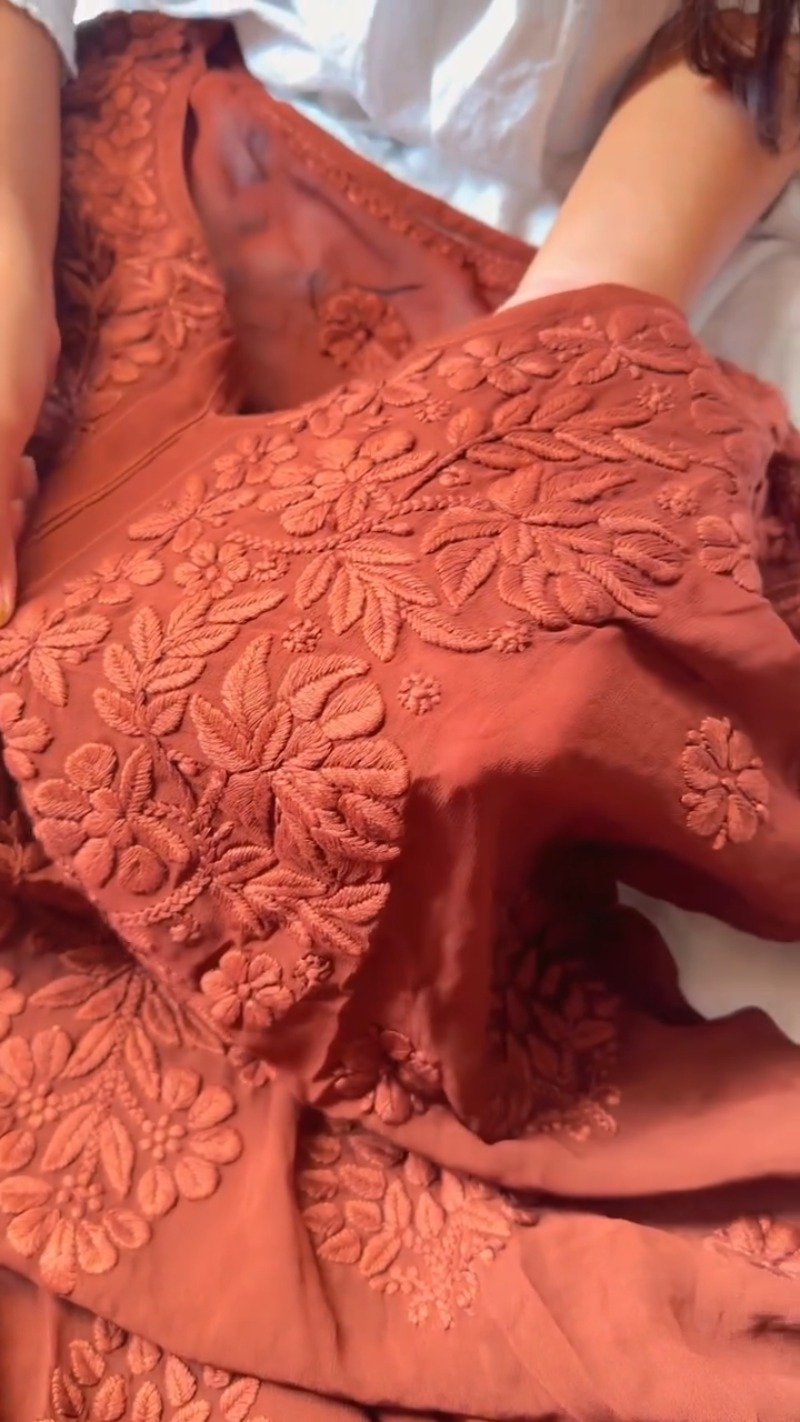 Rust Maroon Hand-Embroidered Chiffon Chikankari Kurta – Elegance in Monochrome