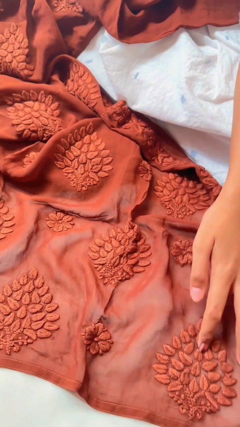 Rust Maroon Hand-Embroidered Chiffon Chikankari Kurta – Elegance in Monochrome