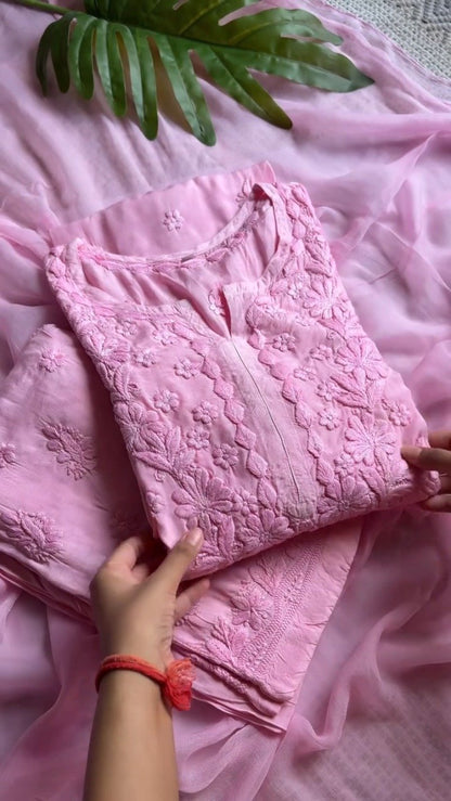 Blush Pink Hand-Embroidered Chikan Kurta Set – Timeless Elegance in Pastel