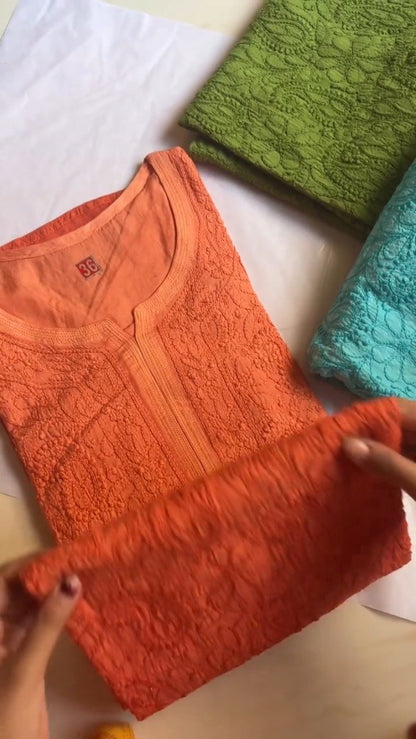 Exquisite Hand-Embroidered Chikankari Kurta Set – Available in Vibrant Green, Radiant Turquoise & Sunset Orange