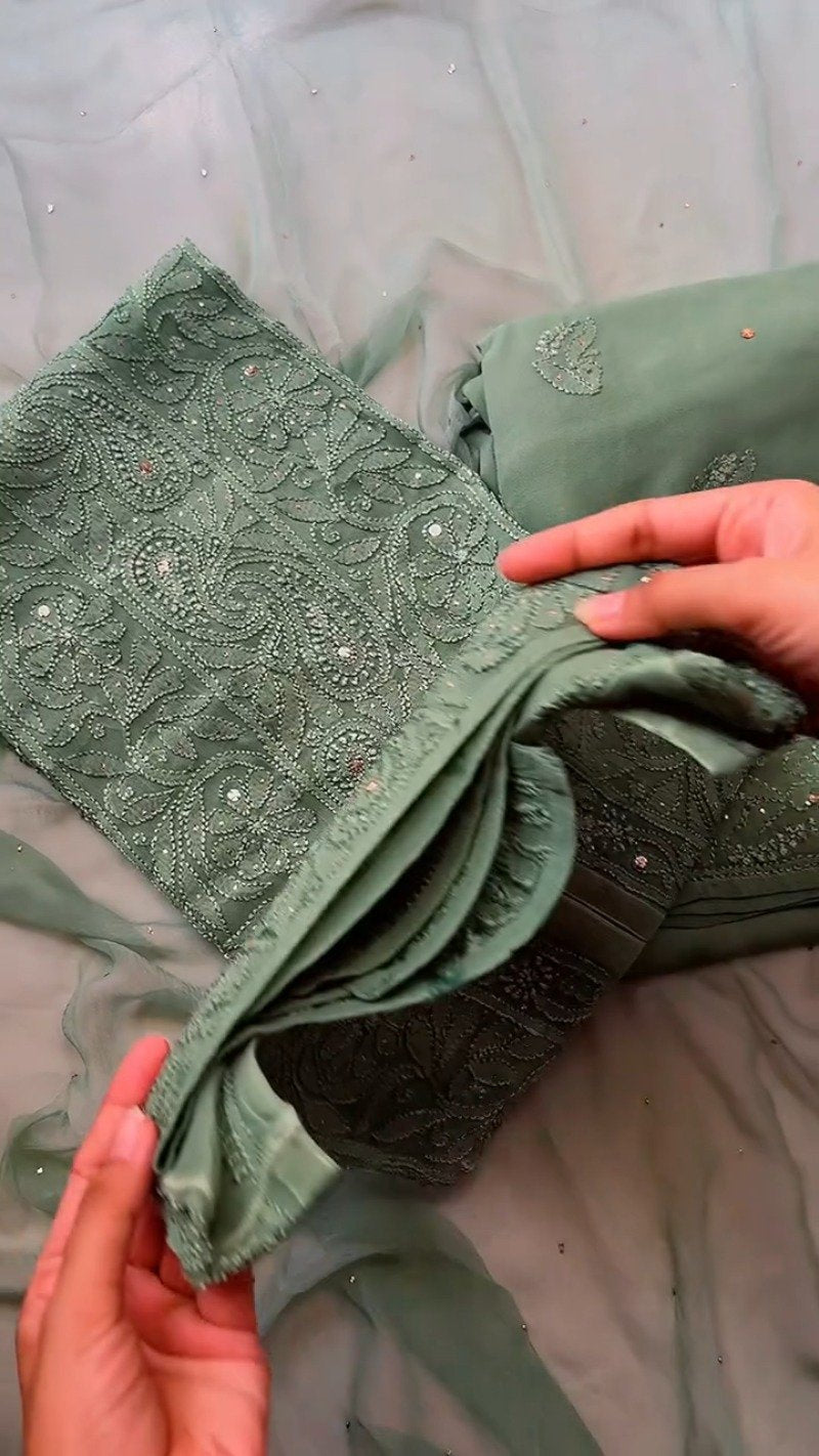 Ethereal Sage Green Chikankari & Mirror-Work Kurta Set