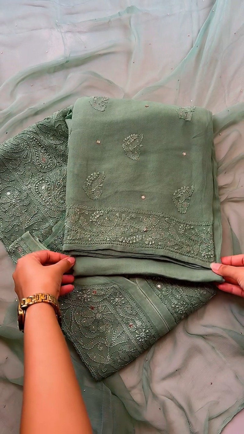 Ethereal Sage Green Chikankari & Mirror-Work Kurta Set