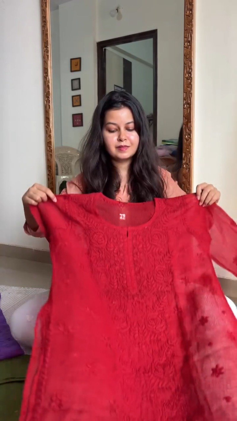 Elegant Chikankari Hand-Embroidered Kurta – Available in Peach, Crimson Red & Pastel Pink