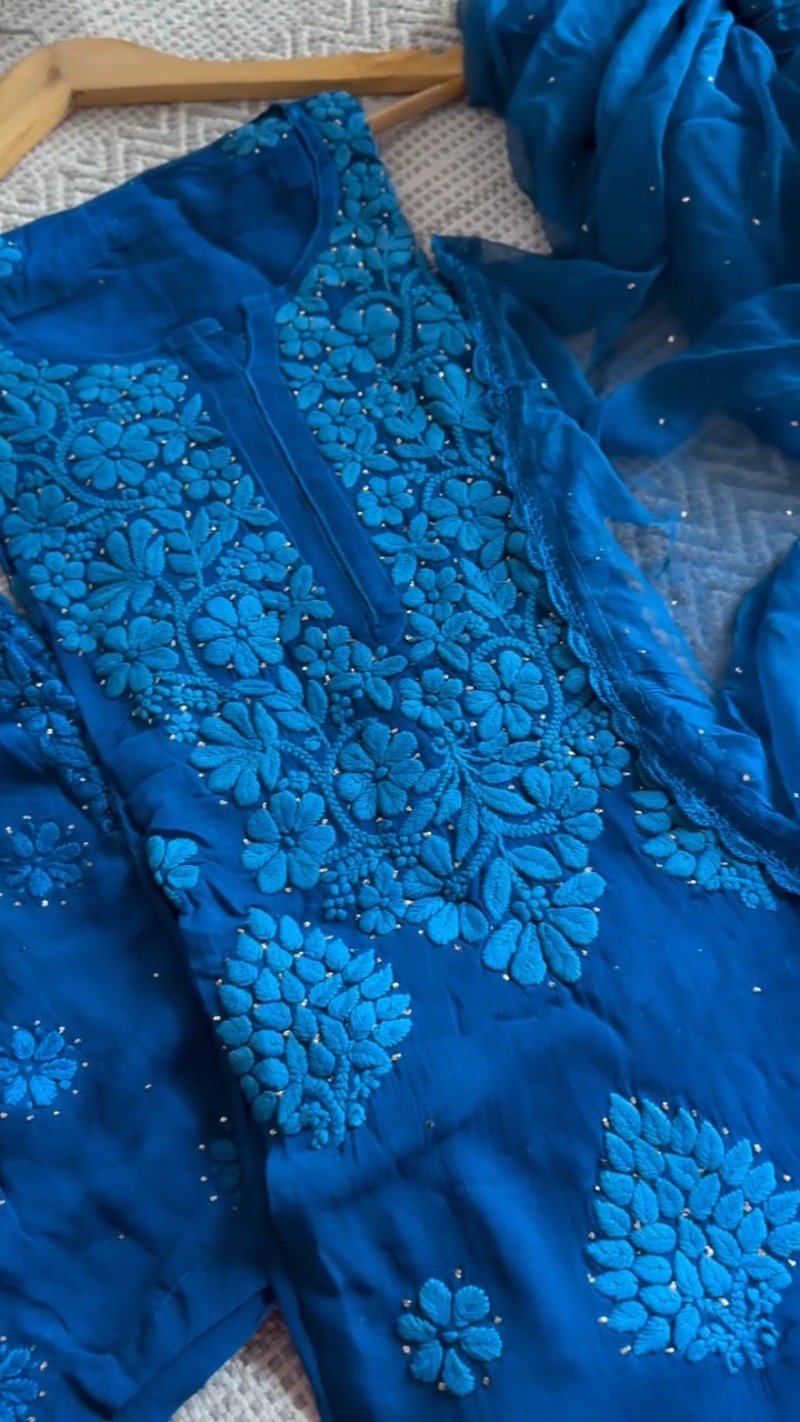 Exquisite Chikan-Hand-Embroidered Kurta Set – Available in Pristine White & Royal Blue