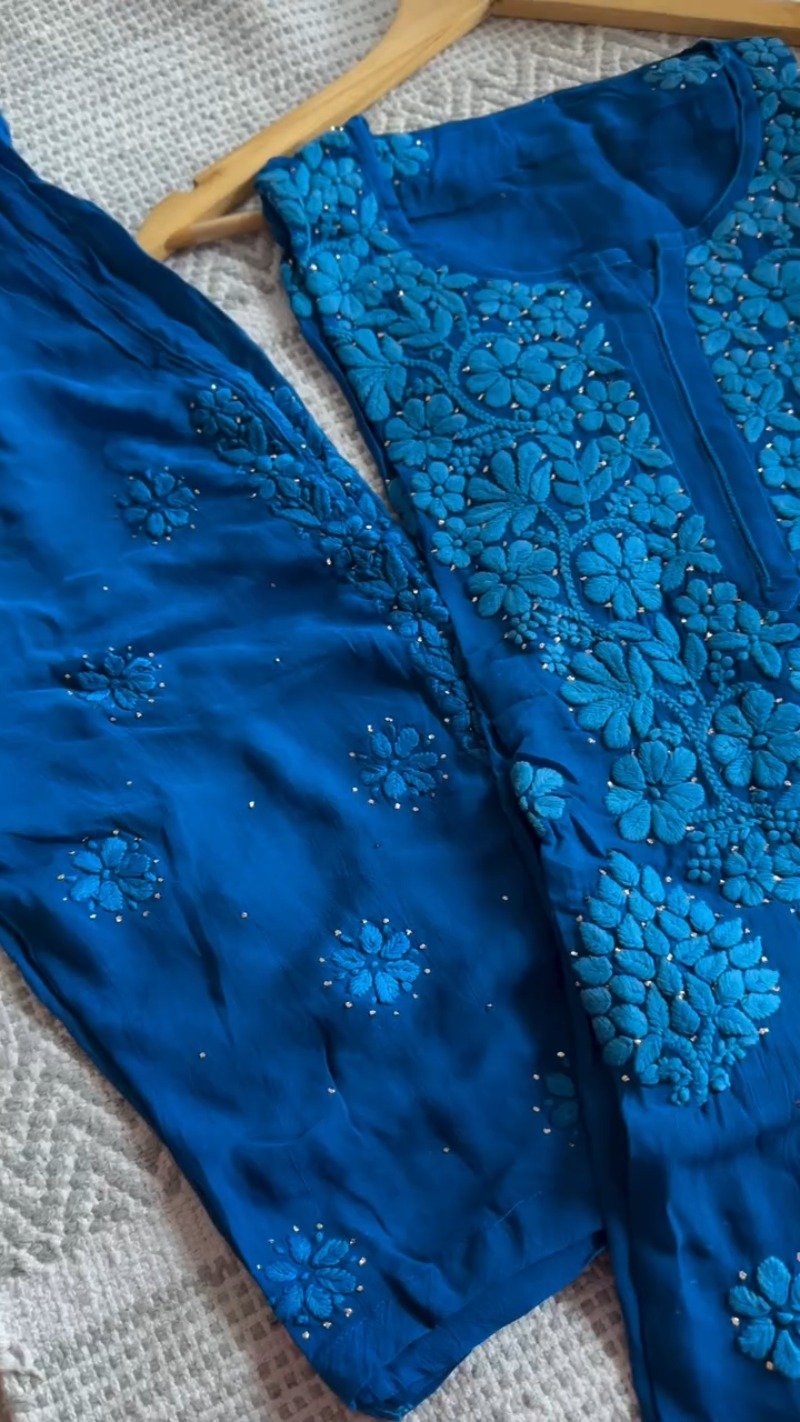 Exquisite Lucknowi Chikankari Hand-Embroidered Kurta Set – Available in Pristine White & Royal Sapphire Blue